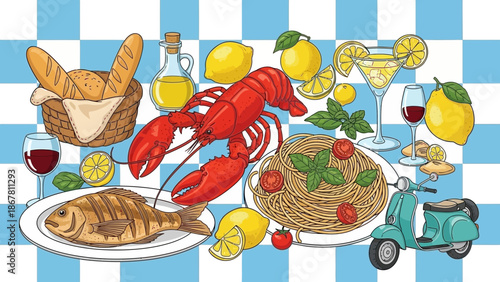 Illustration of a vibrant Italian cuisine feast with fresh seafood and drinks