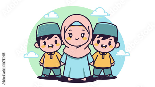 happy muslim family, mother and two sons