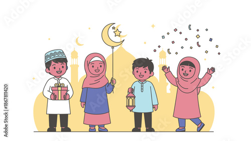 happy muslim kids celebrating eid al fitr with gifts and lantern