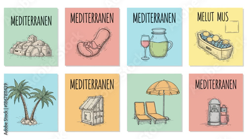 Mediterranean elements collection in sketch style for tourism concept illustration