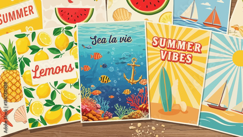 Retro summer illustration featuring vibrant seaside and tropical fruit themes