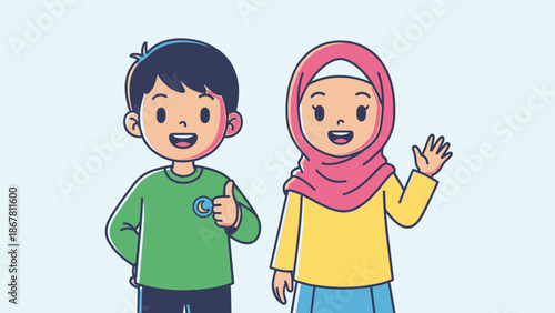 smiling kids, boy and girl, cartoon characters