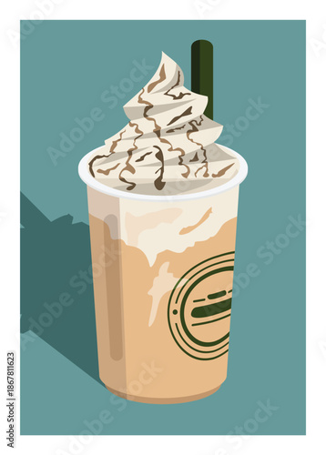 Frappuccino in a plastic cup with straw. Simple flat illustration.