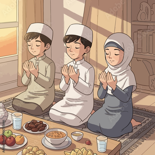 Children Praying Together During Ramadan Iftar Meal