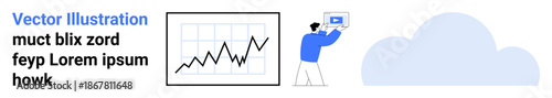 Man examining growth data on a screen next to a line chart and cloud icon. Ideal for analytics, cloud computing, data storage, business growth, technology, digital solutions, simple landing page