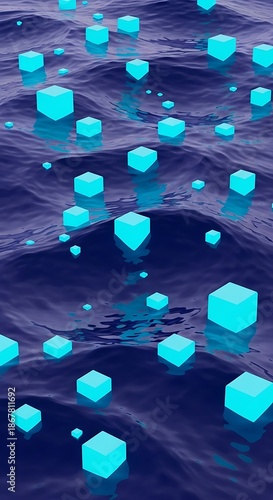 Serene Ocean Waves Interrupted by Floating Luminous Cubes Abstract