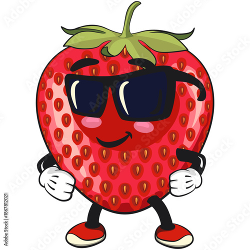 cute strawberry cartoon mascot character wearing sunglasses calmly smiling vector illustration, work of hand drawn
