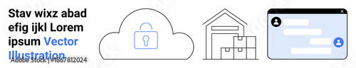 Data security, logistics management, communication systems, cloud storage, e-commerce, data privacy. Cloud with lock, warehouse outline chat window. Data security and logistics management concept