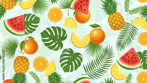 Tropical seamless pattern with fruits and leaves creates a summer vibe