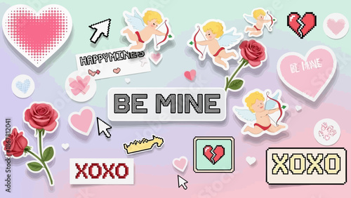 Valentine's Day Graphic Set with Hearts, Cupids, Roses and Pixel Art Stickers