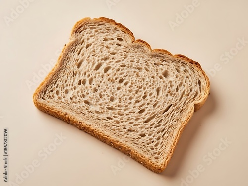 Studio shot of a single slice of whole wheat bread with neutral space