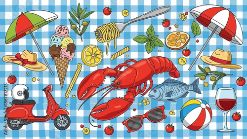 Vibrant Italian summer themed background with food, beach elements and vacation items