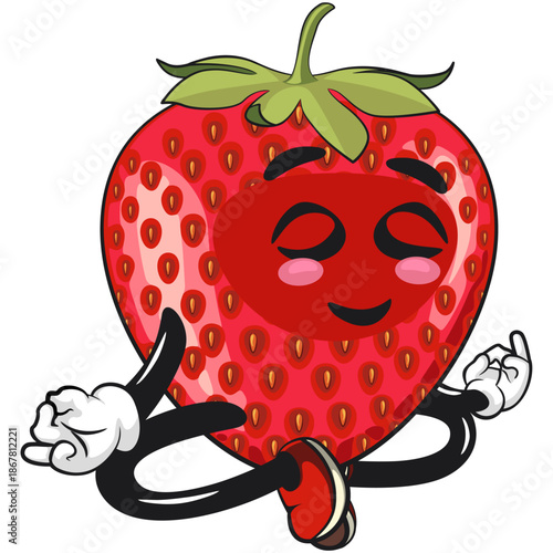 cute strawberry cartoon mascot character meditating vector illustration, work of hand drawn
