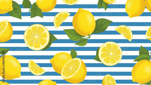 Vibrant lemon seamless pattern with blue stripes for summer theme designs