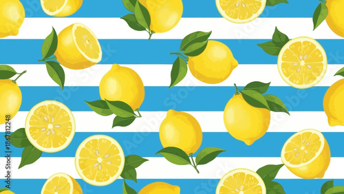 Vibrant seamless pattern of lemons with green leaves and blue and white stripes
