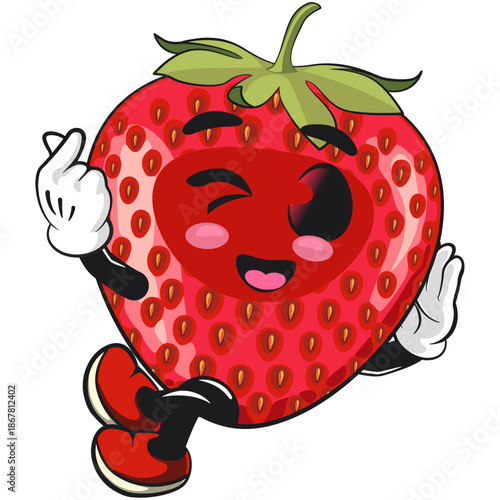 cute strawberry cartoon mascot character lying down sweetly while giving a sign of love vector illustration, work of hand drawn