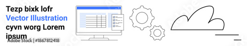 Cloud technology, data storage, digital management, workflow optimization, computing systems, cloud infrastructure. A monitor showing data beside gears and a cloud icon. Cloud technology and data