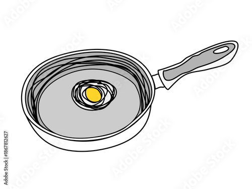 Hand drawn vector line art of fried egg in frying pan. Simple breakfast food icon concept.