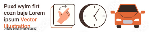 Time management, commuting, scheduling, productivity, transportation, and navigation. Features hand gesture for interaction, clock symbol for time and sleek car icon. Time management and commuting