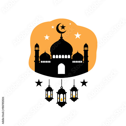 Islamic mosque silhouette with crescent moon and stars.