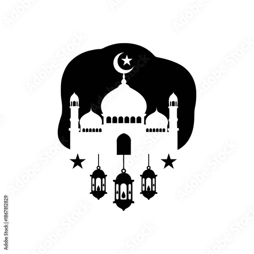 Islamic mosque silhouette with crescent moon and stars.