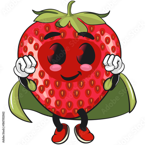cute strawberry cartoon mascot character as flying superhero wearing a robe smiling vector illustration, work of hand drawn