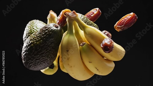 Still life of fruit featuring bananas avocados  dates arranged against a black background
