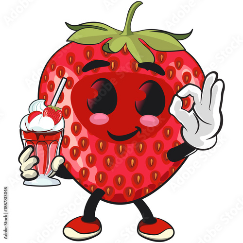 cute strawberry cartoon mascot character brought a strawberry flavored milk shake vector illustration, work of hand drawn