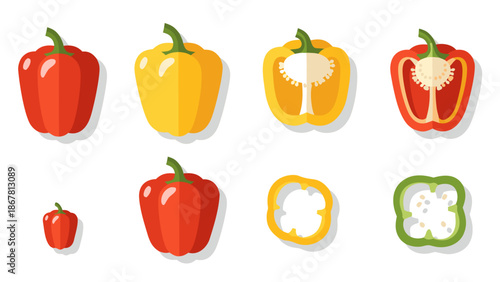 Collection of colorful bell peppers, whole and sliced, in a flat design style