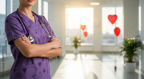 Heart Health Campaign Photo of Confident Nurse in Purple Scrubs with Red Heart Balloons Healthcare