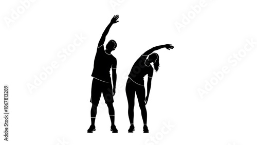Black silhouette of a man and woman stretching on for exercise or dance