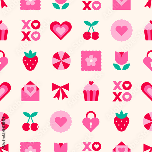 Cute geometric icons seamless pattern design for Valentine's Day background.