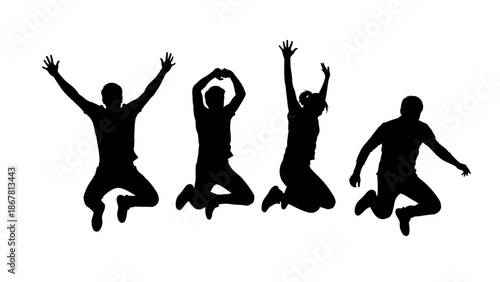 Four people jumping in the air in different poses in black silhouette
