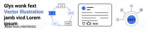 Blockchain data, decentralized apps, social media engagement, digital content sharing, technology concepts, online interaction. Circular flow chart, network icons and financial interface. Blockchain