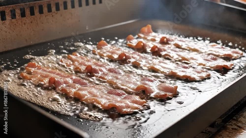 Strips of bacon sizzle on a flattop grill grease bubbling around them