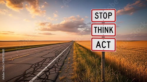 Stop Think Act sign by the road, with the concept of decision making.