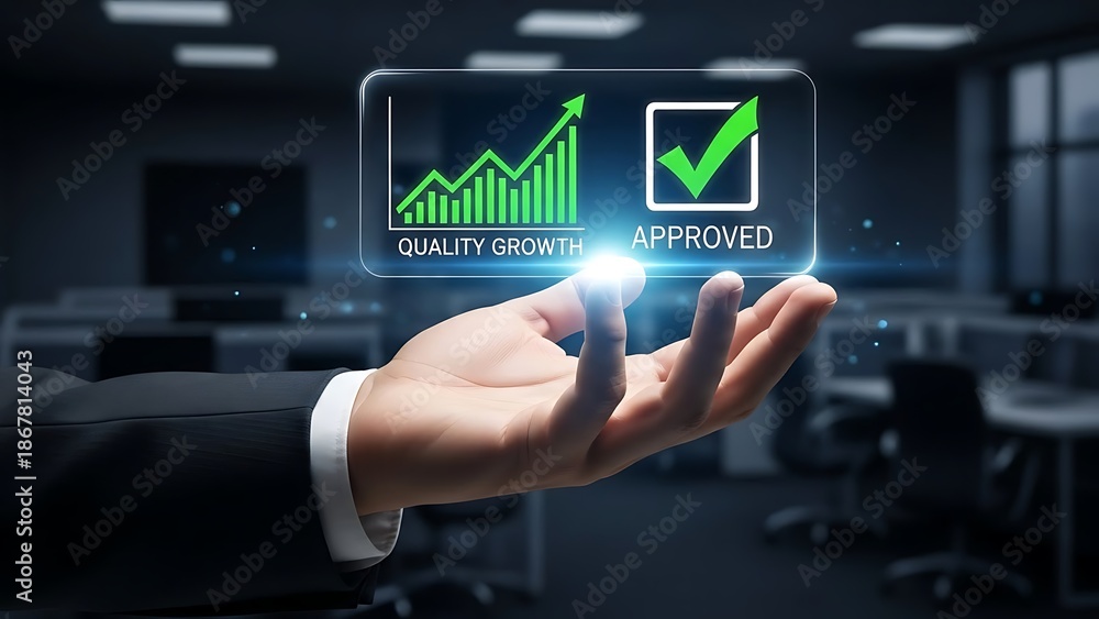 custom made wallpaper toronto digitalBusinessman presenting quality growth and approved icons in modern office