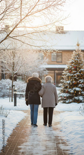 Elderly Companion's Snowy Walk, sunlight, Christmas tree, health and wellness concept