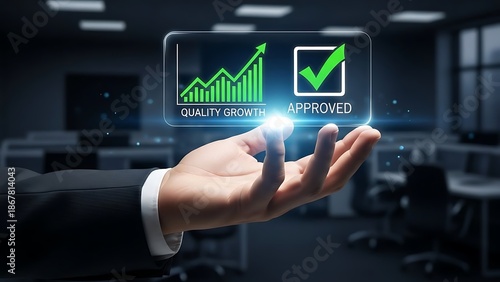 Wallpaper Mural Businessman presenting quality growth and approved icons in modern office Torontodigital.ca