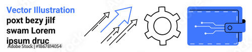 Growth arrows indicate progress, gear suggests development, and digital wallet symbolizes modern finance. Ideal for fintech, innovation, digital services, business strategy, automation, investment