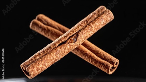 Two cinnamon sticks cross each other on a black background One stick has a split showing a sap