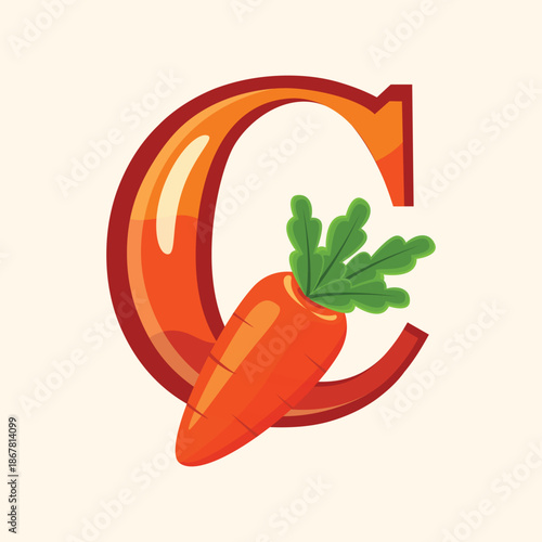 A creative flat illustration of the letter C formed with carrot elements, suitable for alphabet learning and healthy food typography designs.