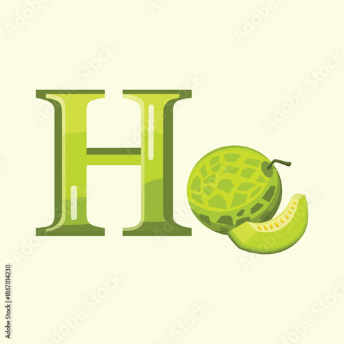 A playful flat illustration of the letter H formed with melon fruit elements, ideal for alphabet visuals and healthy food typography concepts.