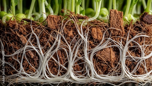 Plant roots growing in soil closeup.