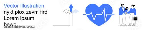 Business planning, career development, teamwork, healthcare strategies, decision-making, progress goals. Blue heart with pulse, growth arrow and businesspeople. Career development and teamwork