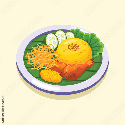 A flat illustration of Indonesian fried rice served with side dishes and fresh vegetables, perfect for menus and culinary promotions.