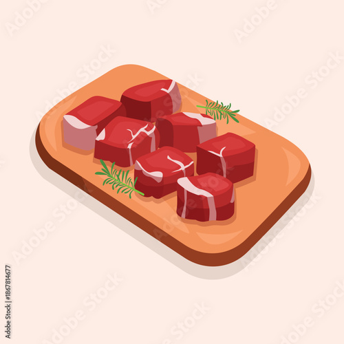 A flat illustration of fresh beef cubes arranged on a wooden board, suitable for butcher shops, food packaging, and culinary menus.
