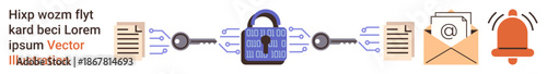 Cybersecurity, data protection, email security, internet safety, encryption, digital alerts. Image showing a central padlock with information flowing to email and alert icons. Cybersecurity and data