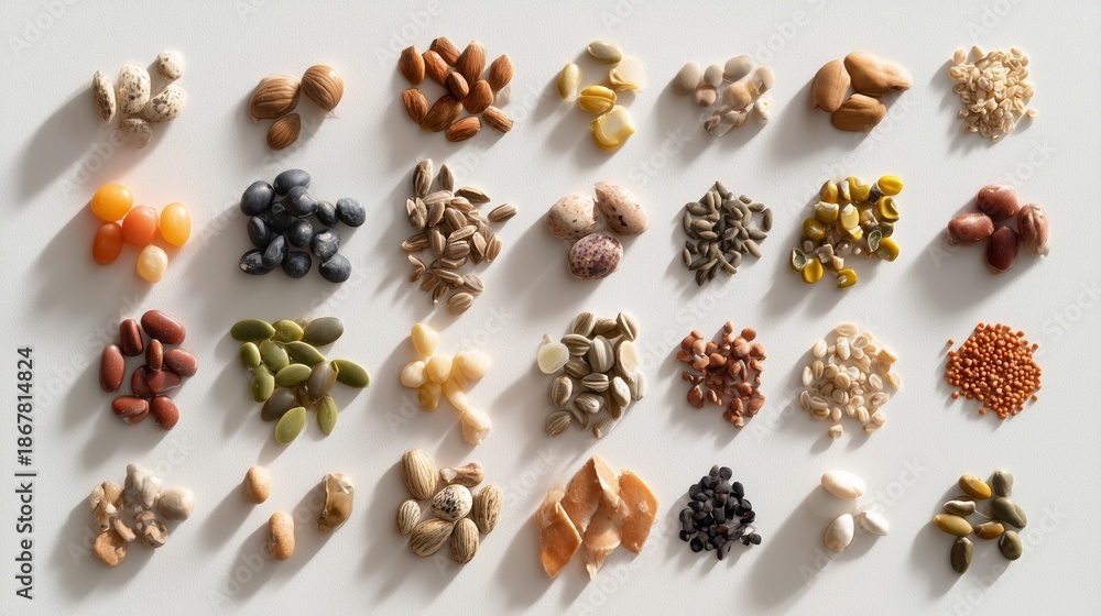 Fototapeta premium Collection of different seeds displayed on a flat surface for identification and study