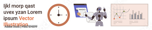 Time management, automation, AI, financial analysis, business productivity, and invoices. Clock, robot invoice and graphs. Time management and automation concepts
